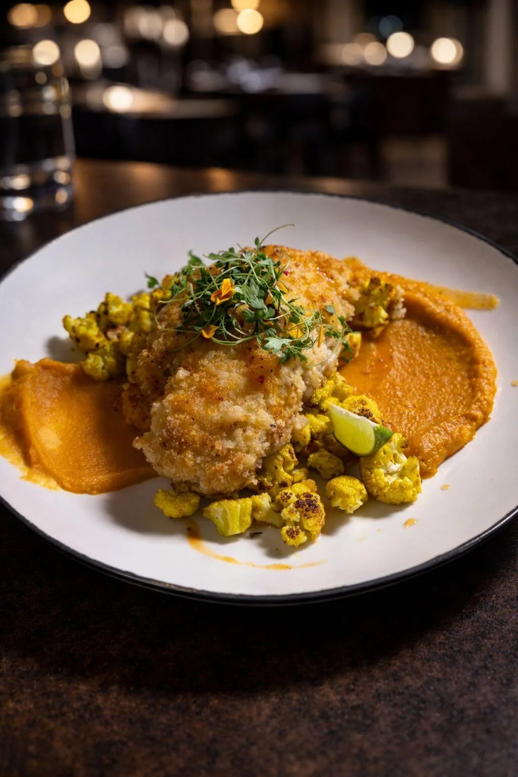 Crusted fillet over roasted yellow cauliflower with an orange puree