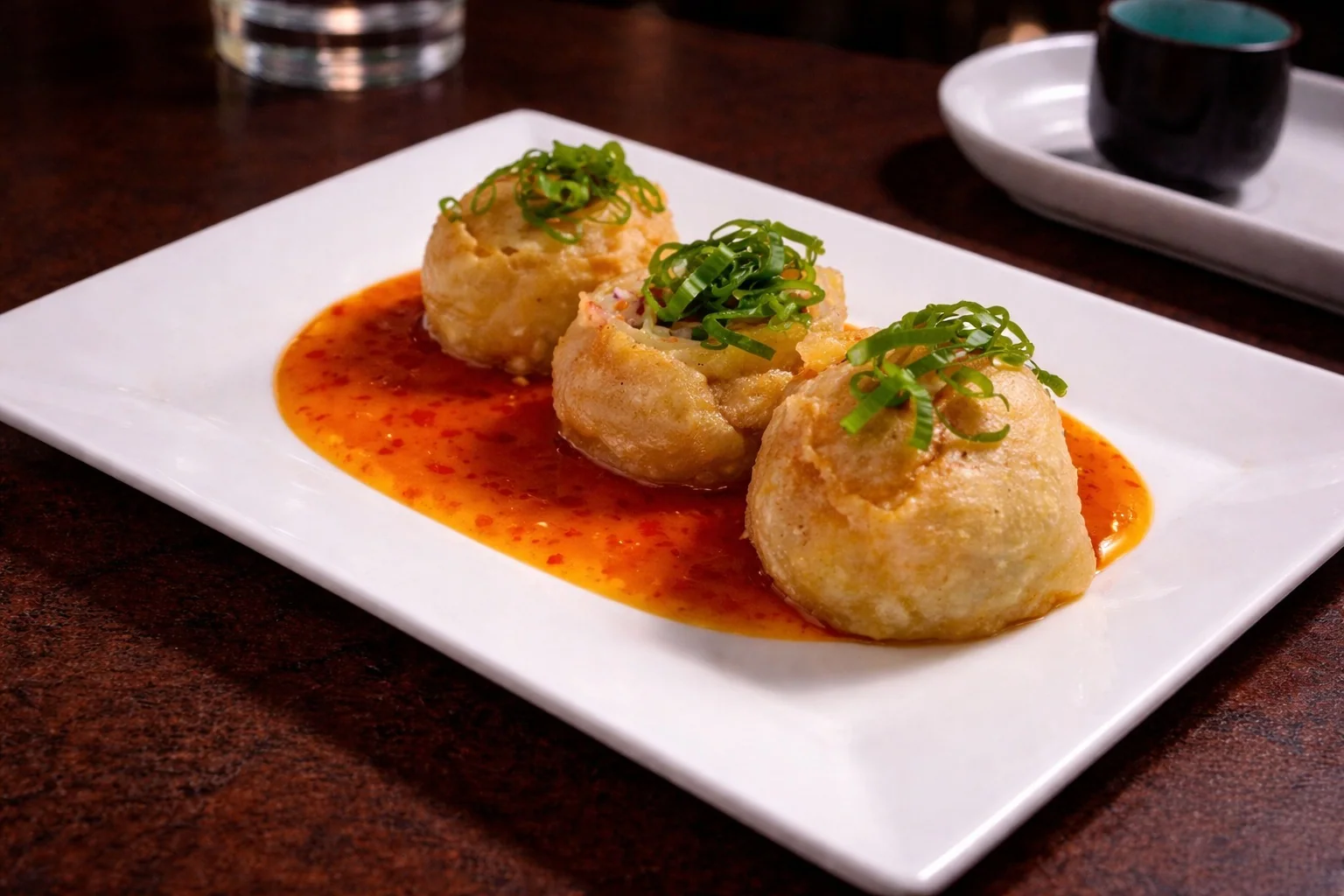 Three golden fried bites topped with scallion on sweet chili sauce