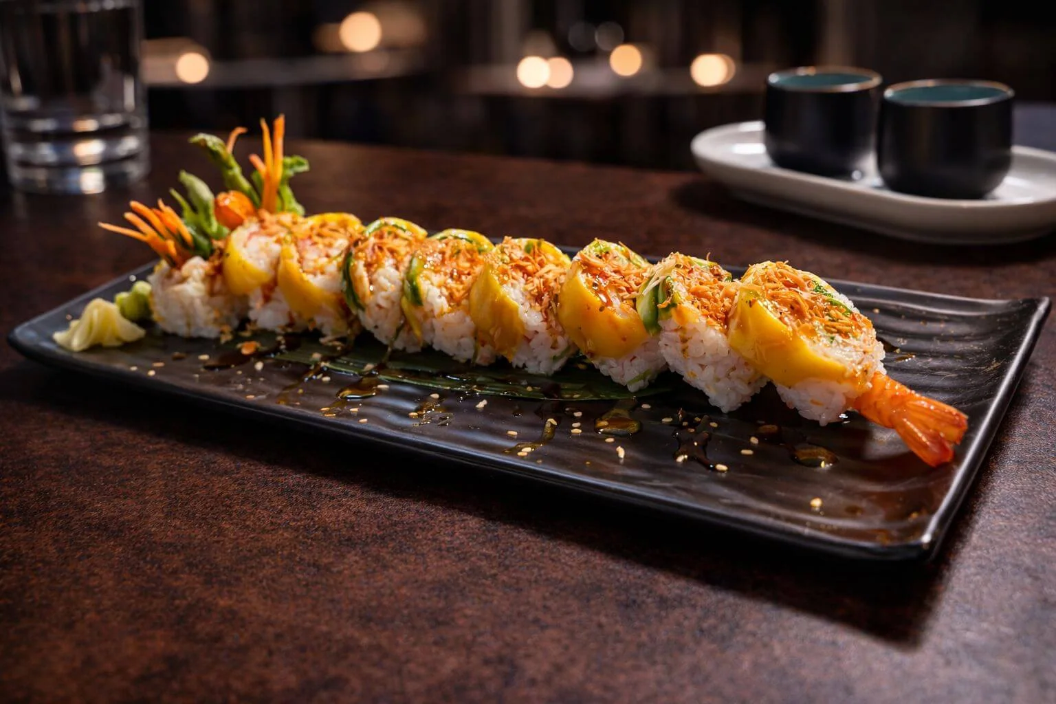 Sushi roll with a yellow fruit topping, crispy flakes and a tempura shrimp tail on a black plate